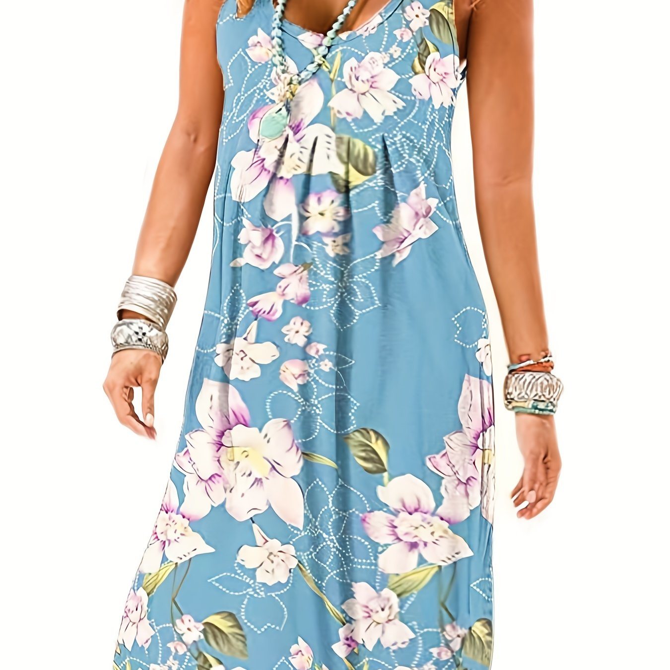 Plus Size Casual Dress; Women's Plus Tile Print V Neck Slight Stretch Tank Maxi Dress