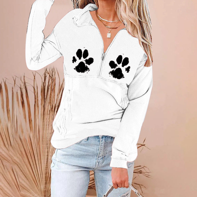 autumn and winter new women's hoodie zipper lapel printed sweater