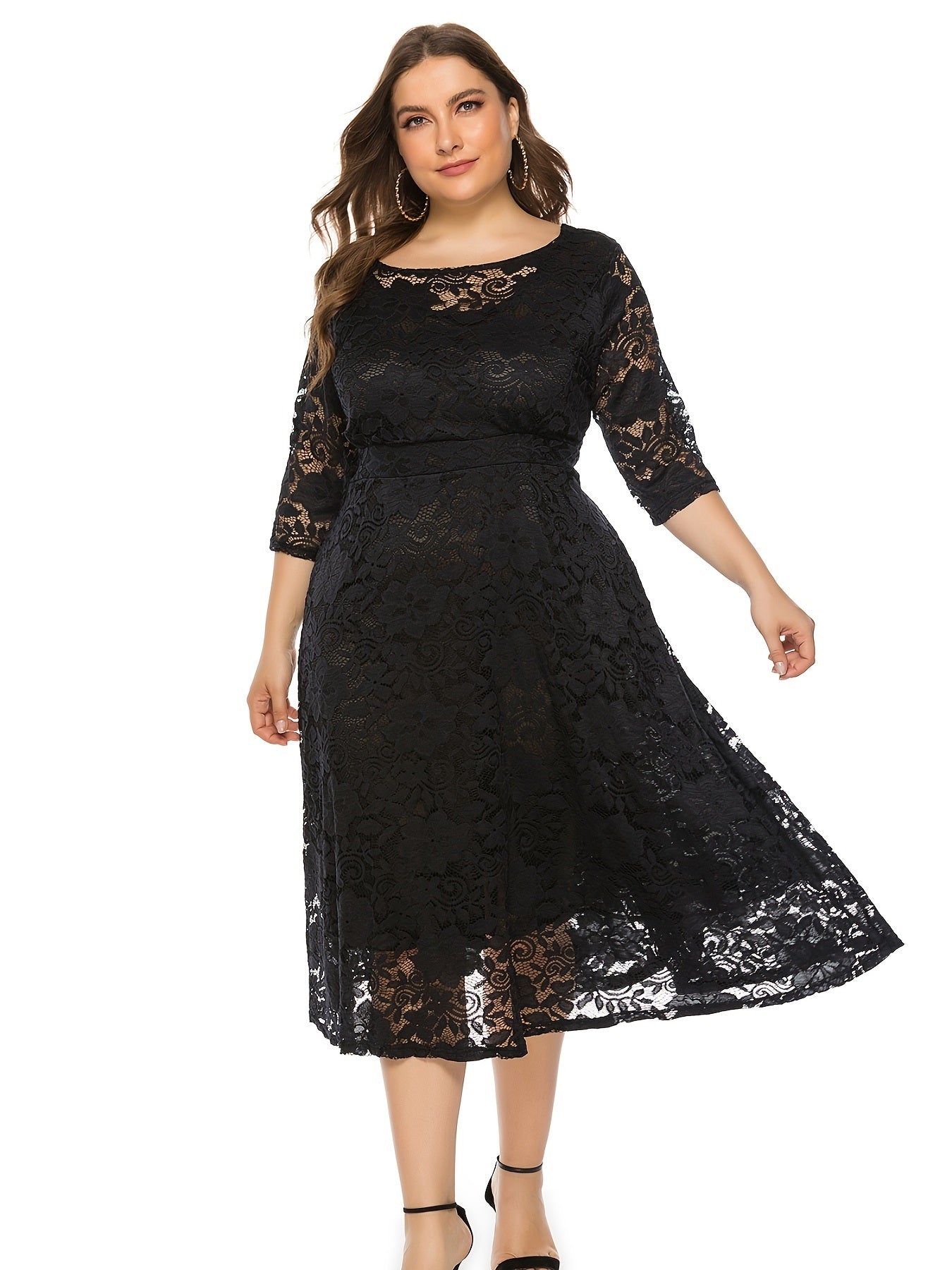 Plus Size Contrast Lace Half Sleeve Semi Sheer Midi Prom Dress; Women's Plus Elegant Party Dress For Wedding