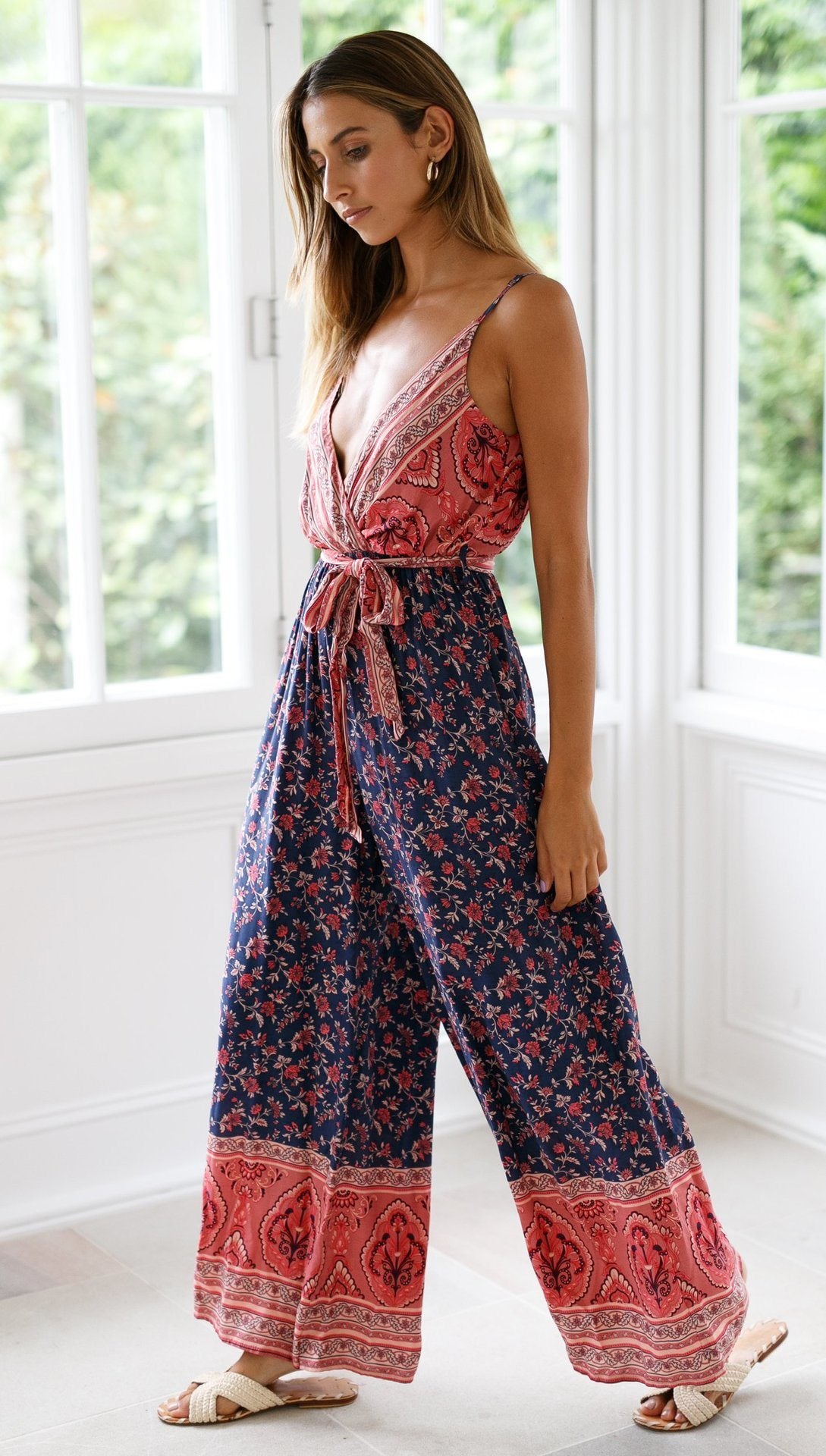 Spring and Summer Hot Jumpsuit Sexy Sling Strap Waist Print Jumpsuit