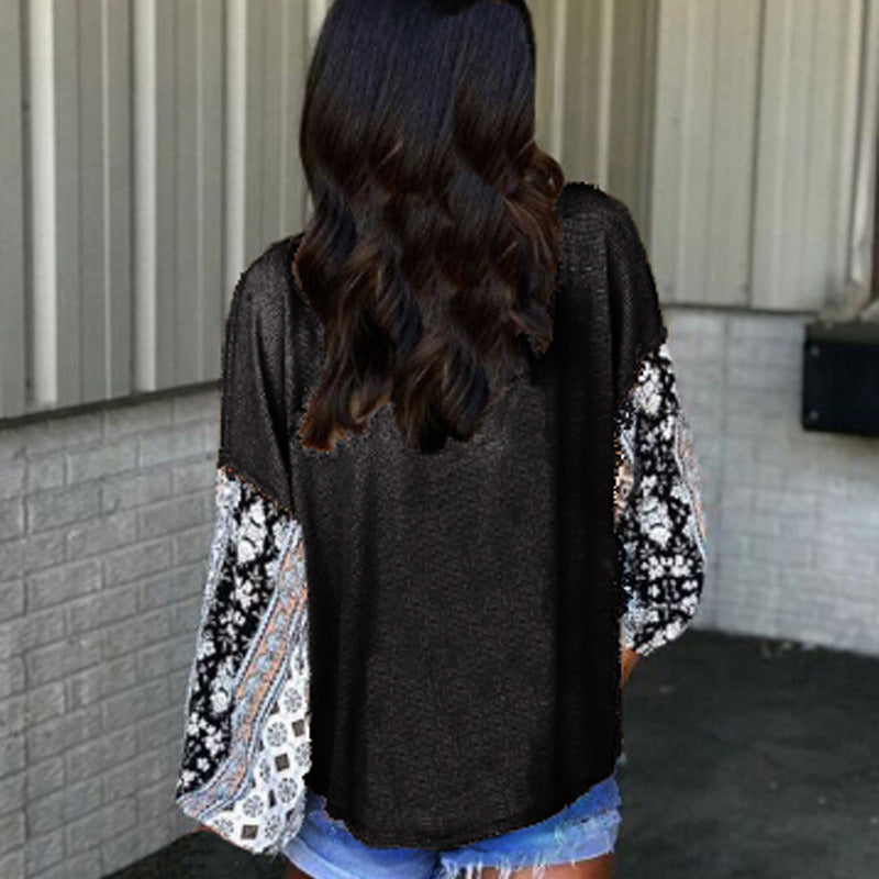 autumn and winter new round neck lace stitching long sleeve casual T-shirt female