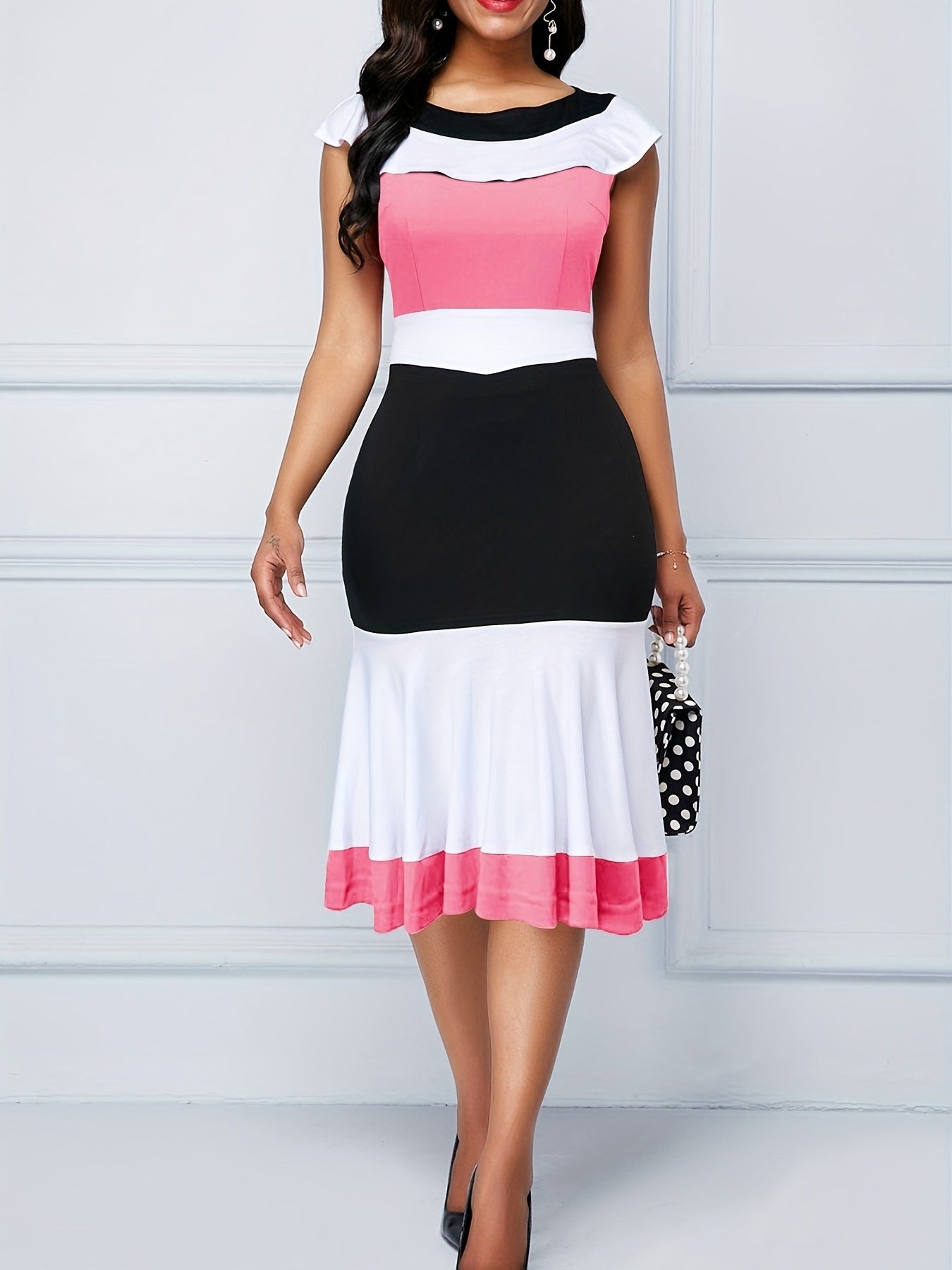 Color Block Ruffle Trim Slim Dress; Sleeveless Pencil Dress For Spring & Summer