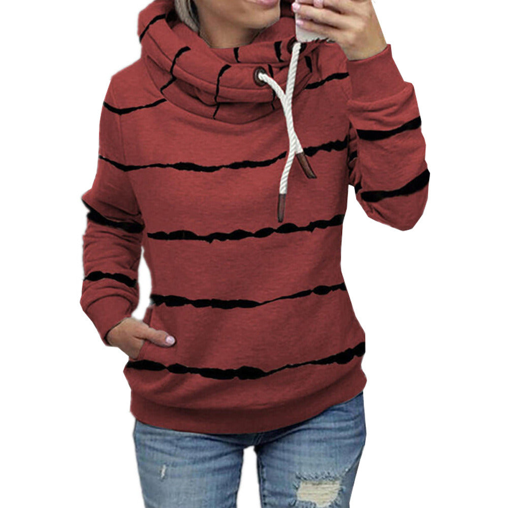 autumn and winter new women's striped printed high-neck hooded fleece striped sweater