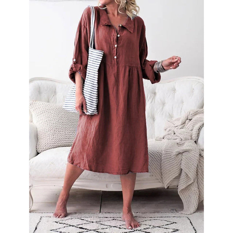 New Women's Solid Color Loose Button Mid-length Dress