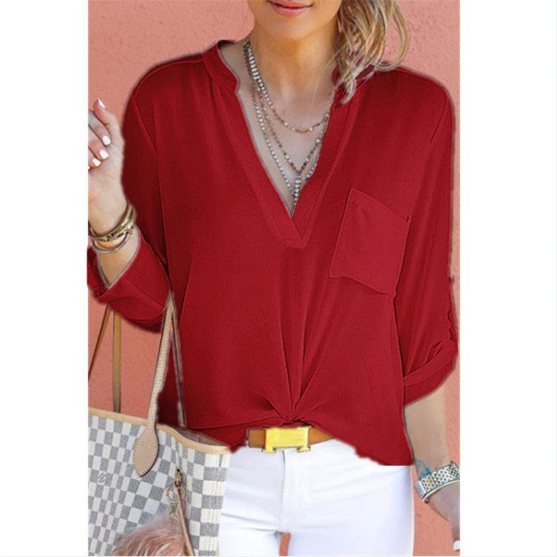 autumn women's new V-neck solid color chiffon pocket shirt