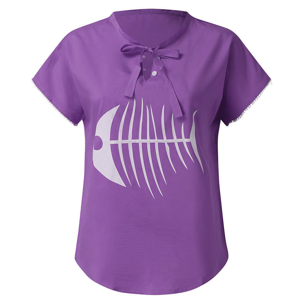 Summer women's new fashion fish bone print V-neck short-sleeved T-shirt