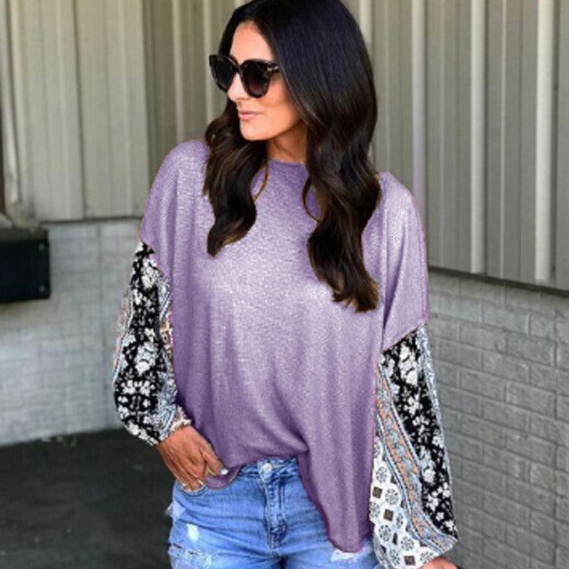 autumn and winter new round neck lace stitching long sleeve casual T-shirt female