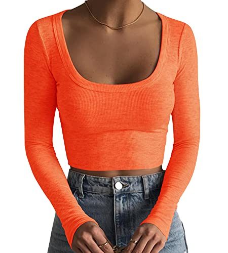 Women's Square Neck Long Sleeve Ribbed Slim Fitted Casual Basic Crop Top