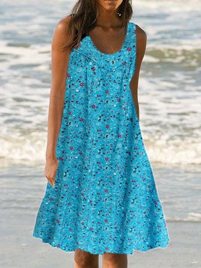 summer new women's round neck sleeveless print vest skirt beach loose dress