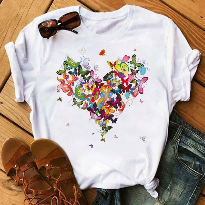 Watercolor Butterfly Heart Printed T Shirt New Women Black T Shirt Harajuku Cute Graphic Tee Shirt Ladies Casual Female Tops Tee