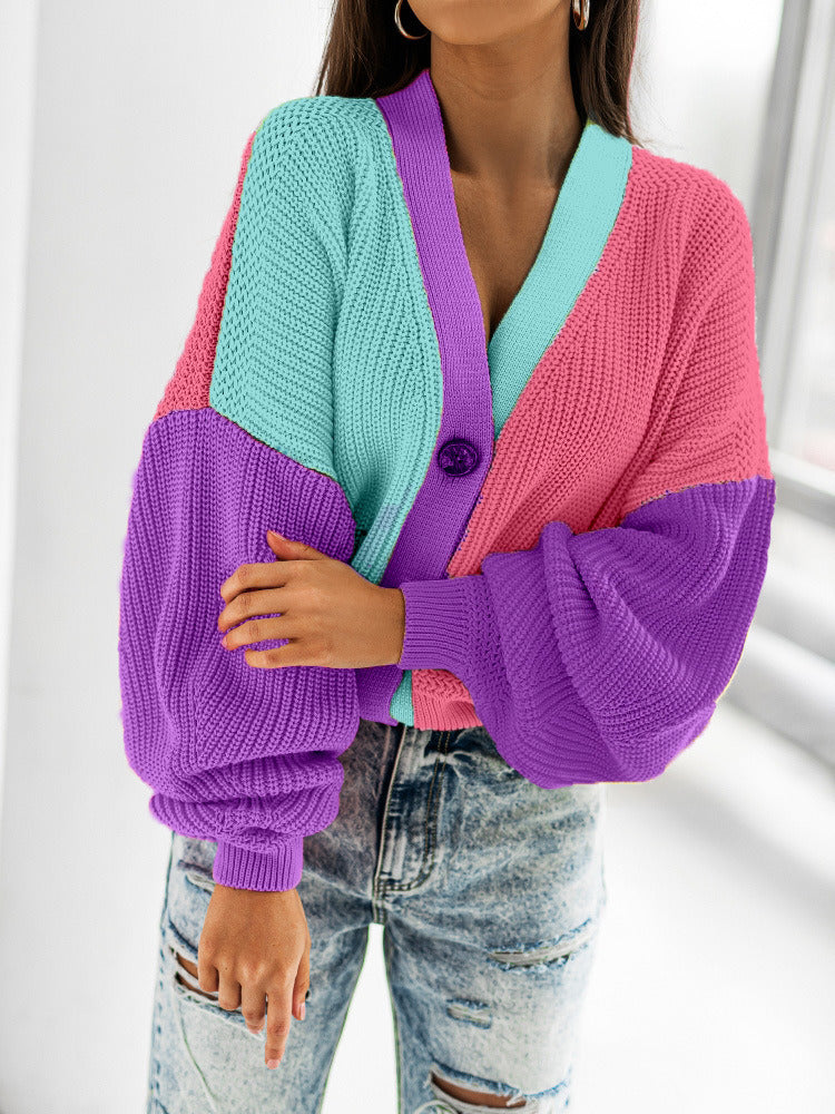 The New Winter Hot Sale Casual Color Matching Bright Women's Woolen Long-sleeved Cardigan