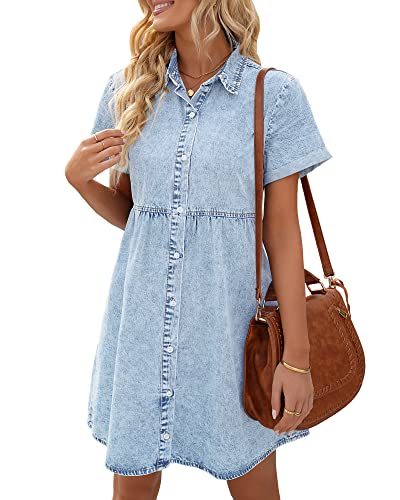 Denim Dress for Women Summer Dress Short Sleeve Button Down Tiered Babydoll Denim Jean Dress