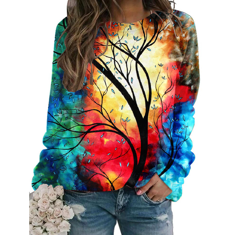 Women's Fall Winter New Hoodie Printed Round Neck Long Sleeve Loose Sweater