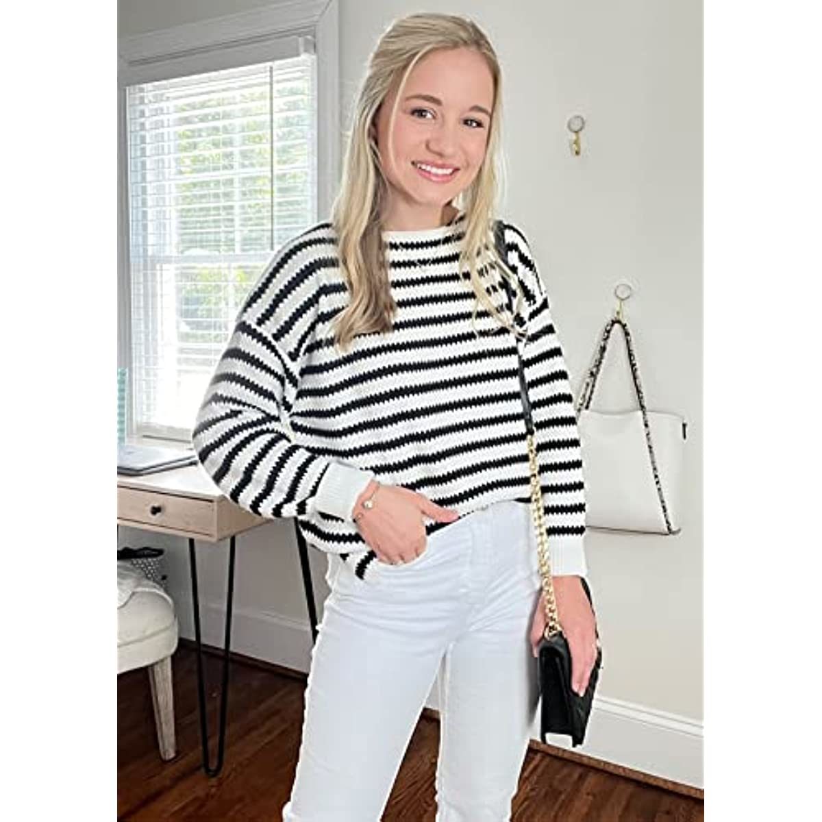 2023 Fall Winter Women's Oversized Long Sleeve Striped Sweater Casual Crewneck Side Split Pullover Knit Tops