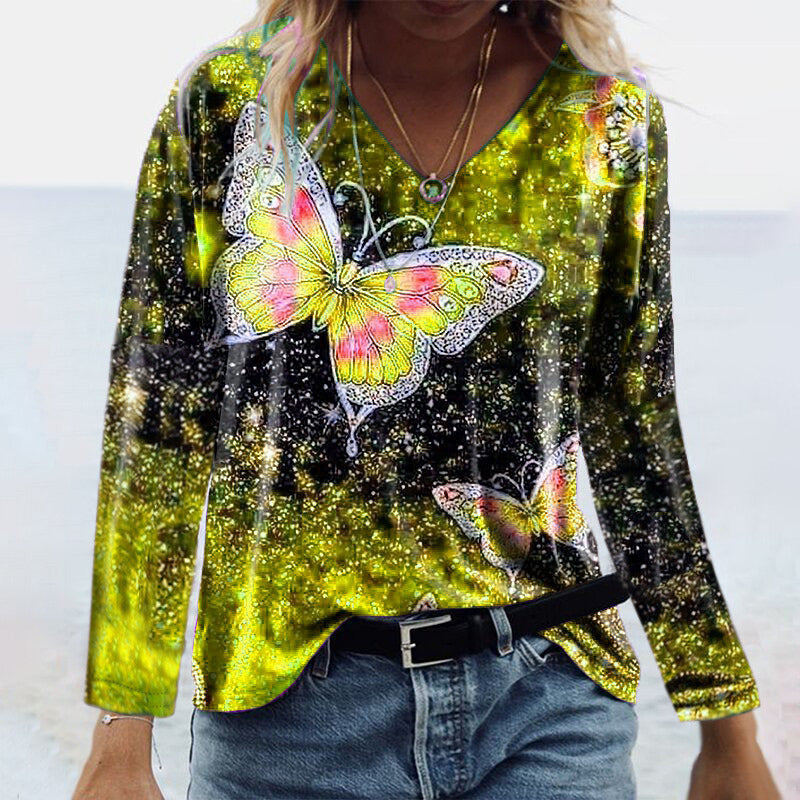 Women's Fashion Autumn T Shirt Casual V-Neck Long Sleeve Butterfly Printing T-Shirts Ladies Loose Plus Size Tops Tee Shirt Femme