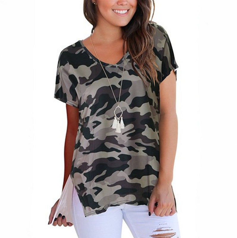 New women's V-neck print short front long split t-shirt