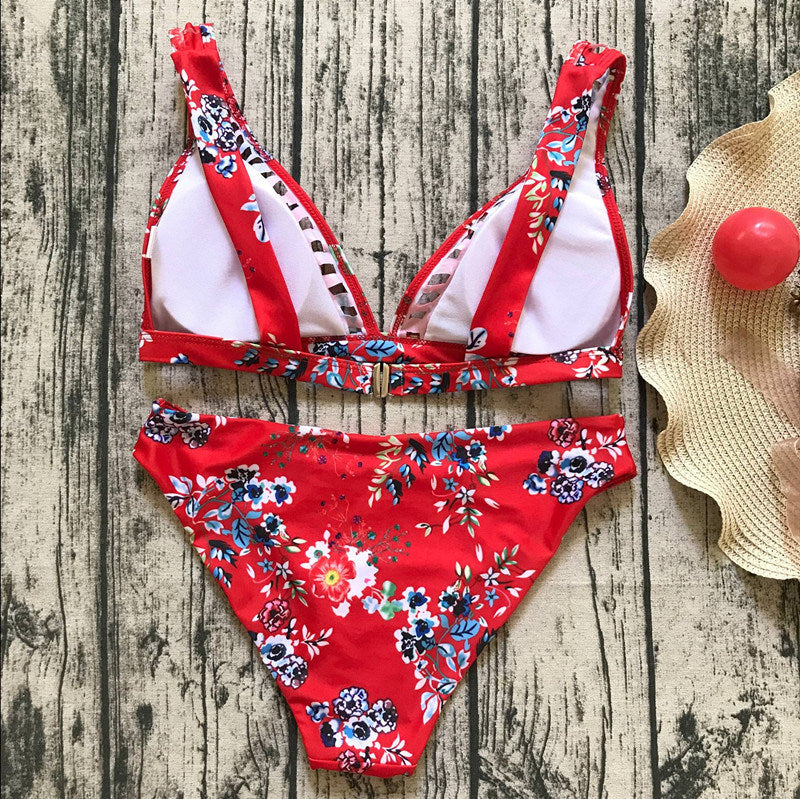 New Bikini Flower Print Swimsuit Ladies Split Swimsuit Beach Bikini