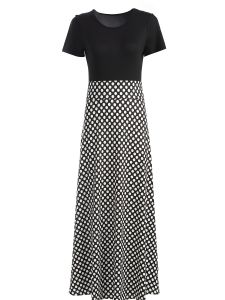 Plus Size Colorblock Polka Dot Short Sleeve Maxi Dress; Women's Plus Elegant Medium Stretch Long Dress