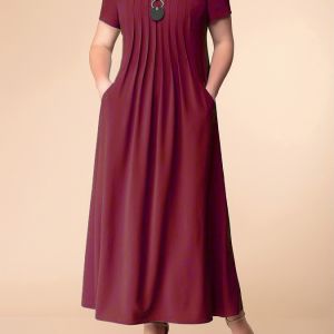 Plus Size Basic Dress; Women's Plus Plain Short Sleeve Pleated Round Neck Maxi Dress With Pockets