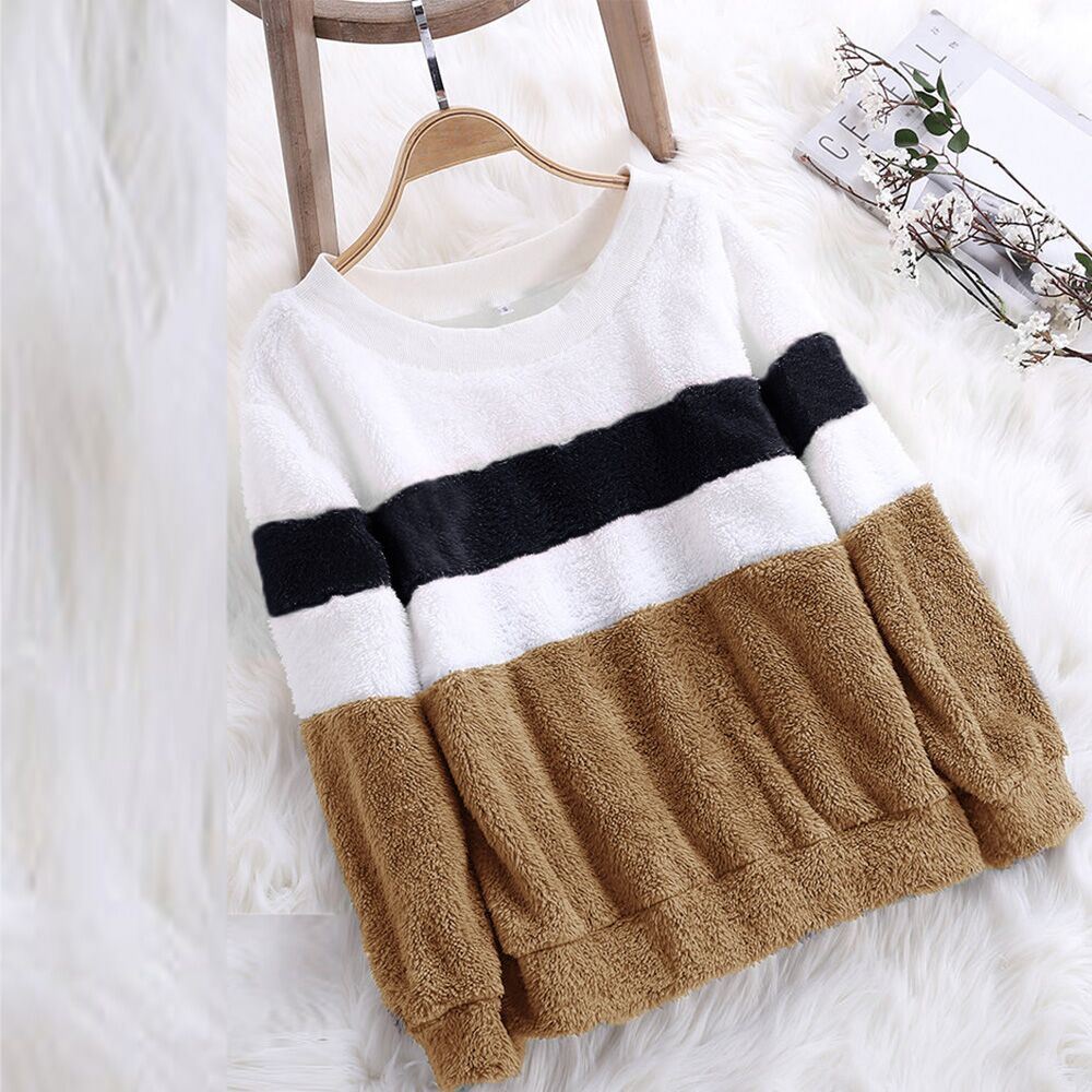 Europe and the United States new striped stitching plus velvet sweater large size loose women's sweater tops