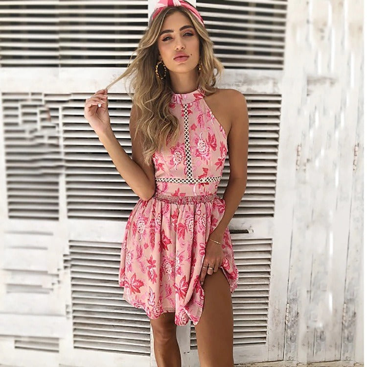 Bohemian Printed Beach Skirt Female Hanging Neck Backless Waist Hollow Holiday Lace Dress