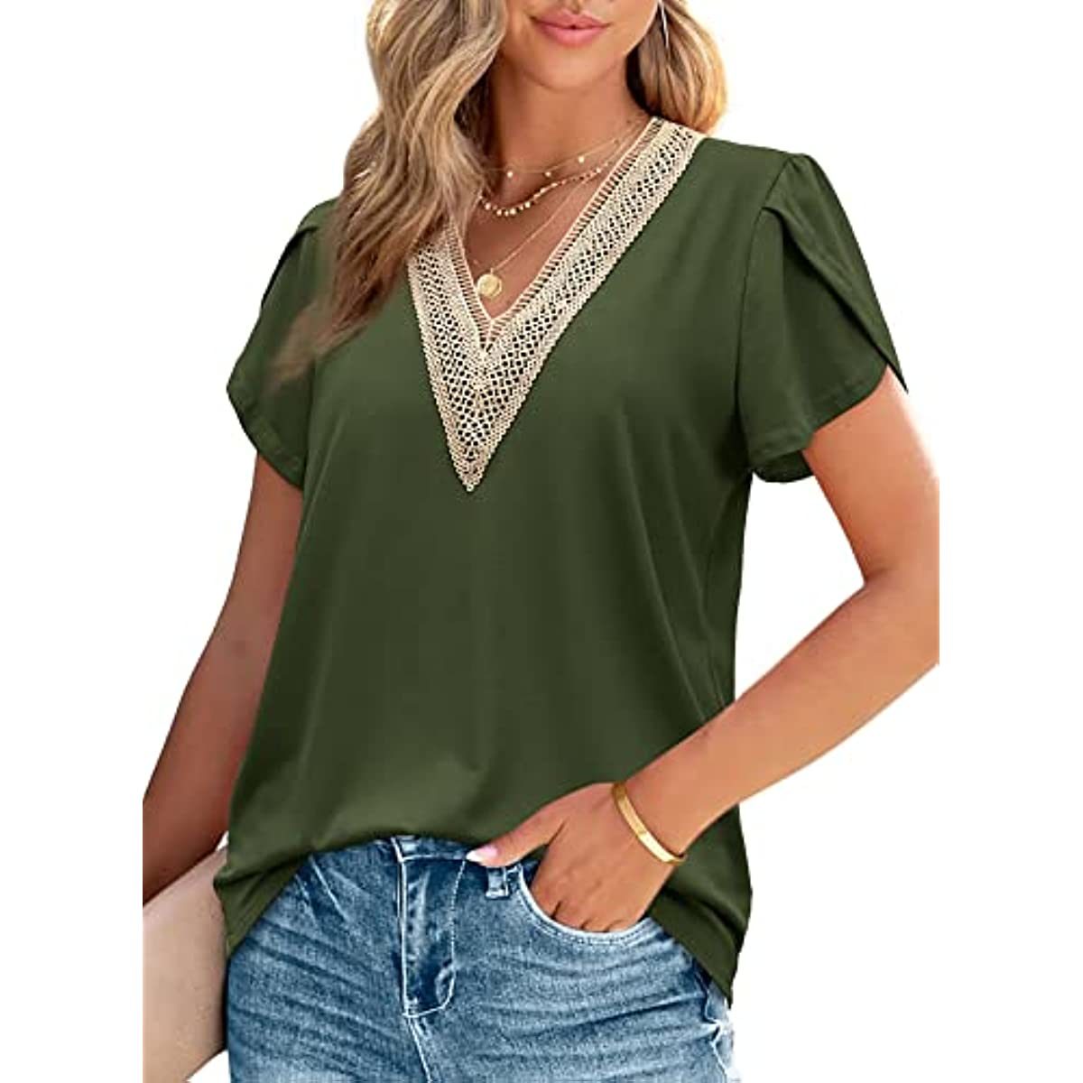 2023 Women's Summer Tops Casual Guipure Lace V Neck Short Petal Sleeve Shirts Tees T Shirt