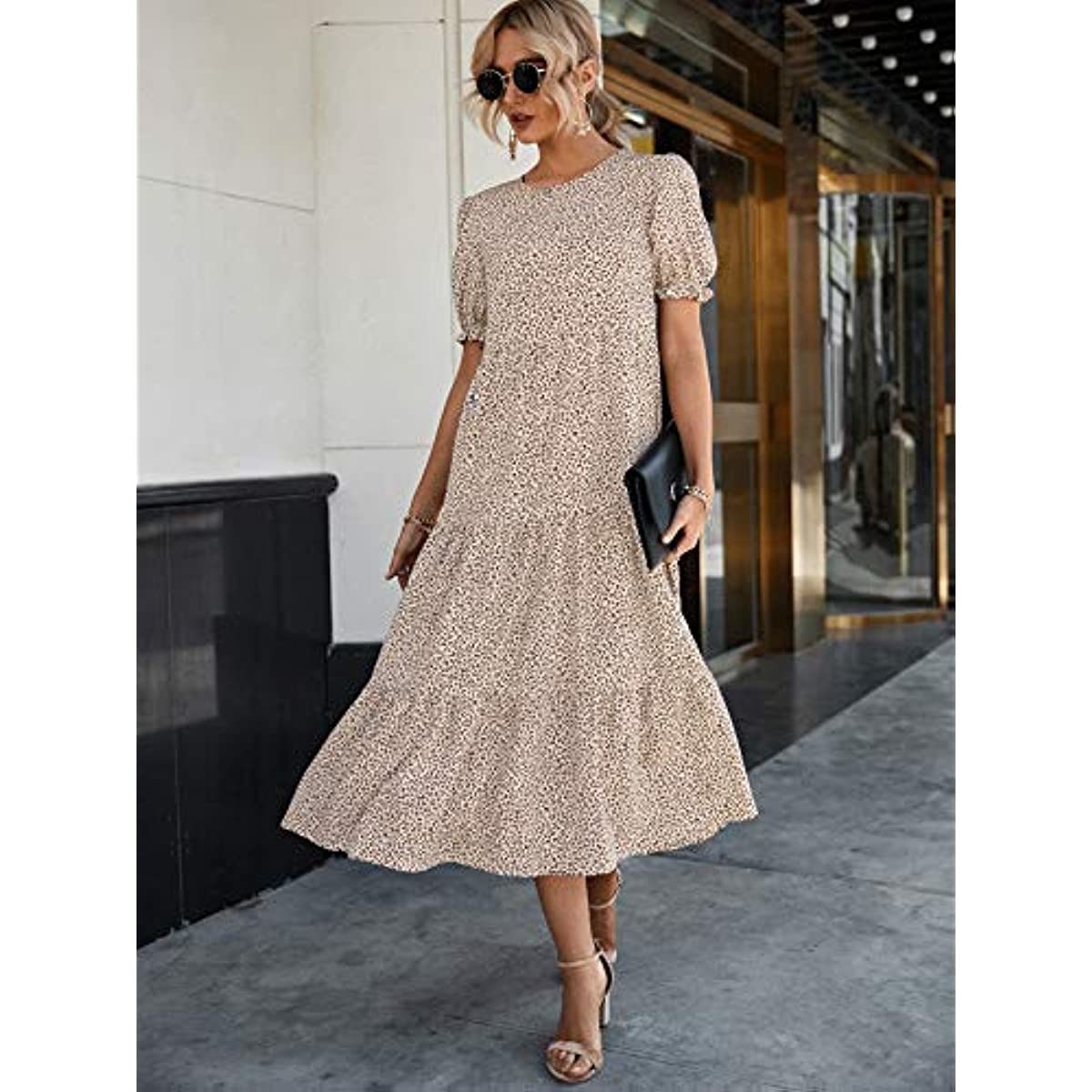 Women's Summer Casual Boho Dress Floral Print Ruffle Puff Sleeve High Waist Midi Beach Dresses