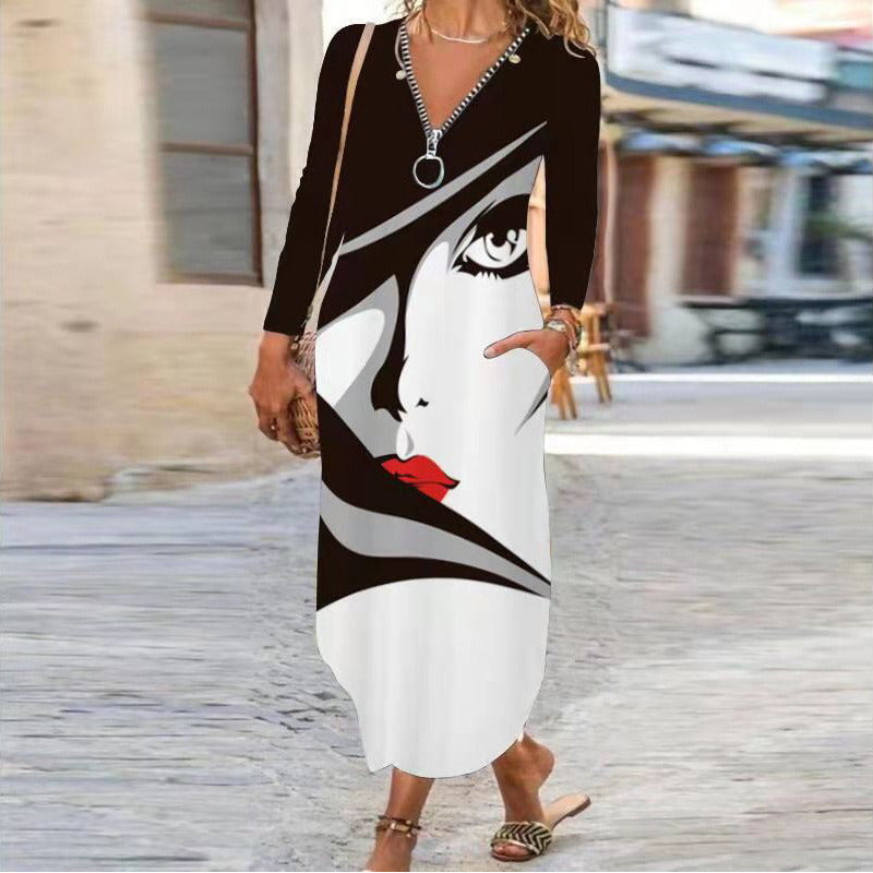 Women's Dress 2021 Autumn and Winter New Style Commuter Printing Zipper Pocket Long Skirt