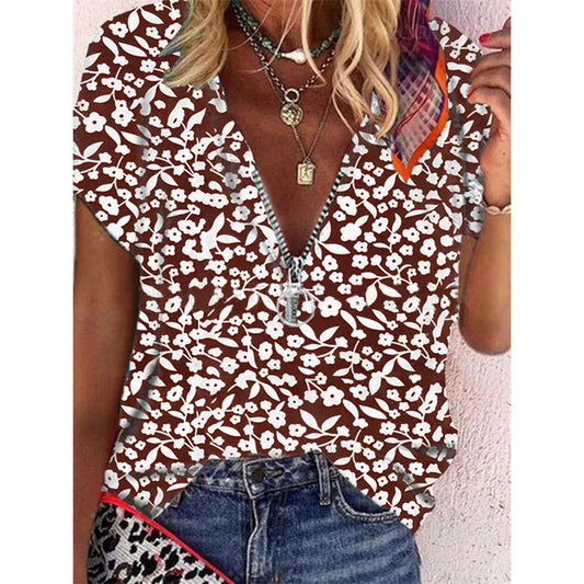 summer new women's blouse pullover V-neck short-sleeved floral shirt