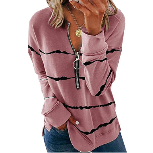 Women's Casual Striped Loose Zipper T-shirt Hoodie Fall Long Sleeve Office Top T-shirt Women Ladies Pullover