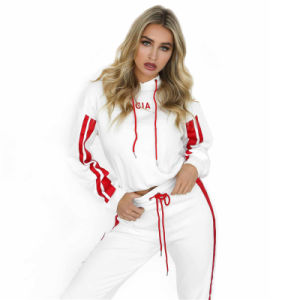 2 Piece Set Women Tracksuit Sportswear Casual White Red Sweat Pants Hooded Cropped Sweatshirt Hoodie