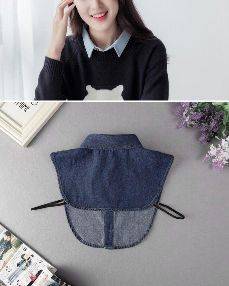 Stylish Unisex Denim Half Shirt Blouse False Collar Solid Color Detachable Deep Blue