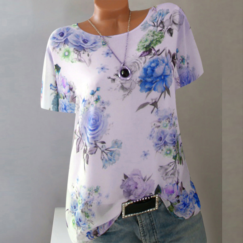 summer new women's shirt loose printed large round neck short-sleeved T-shirt