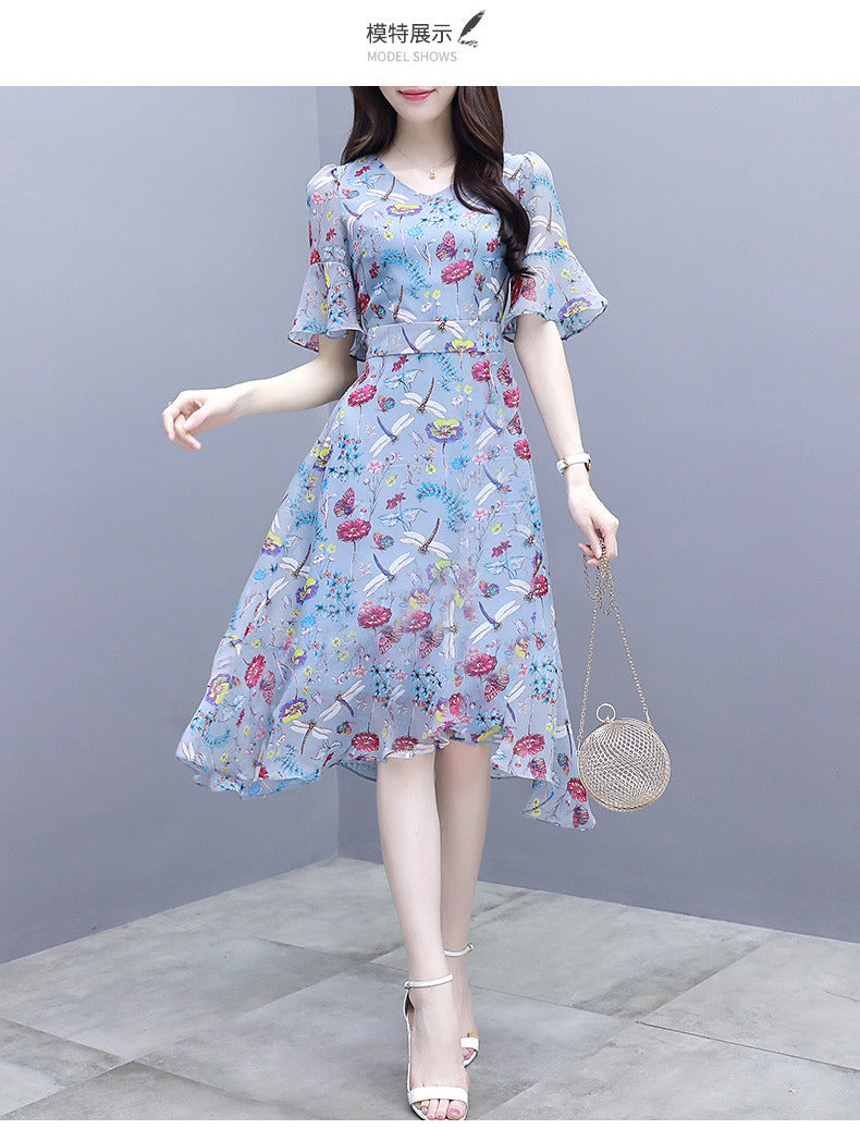 summer new women's floral dress waist slimming V-neck ruffled mid-length dress