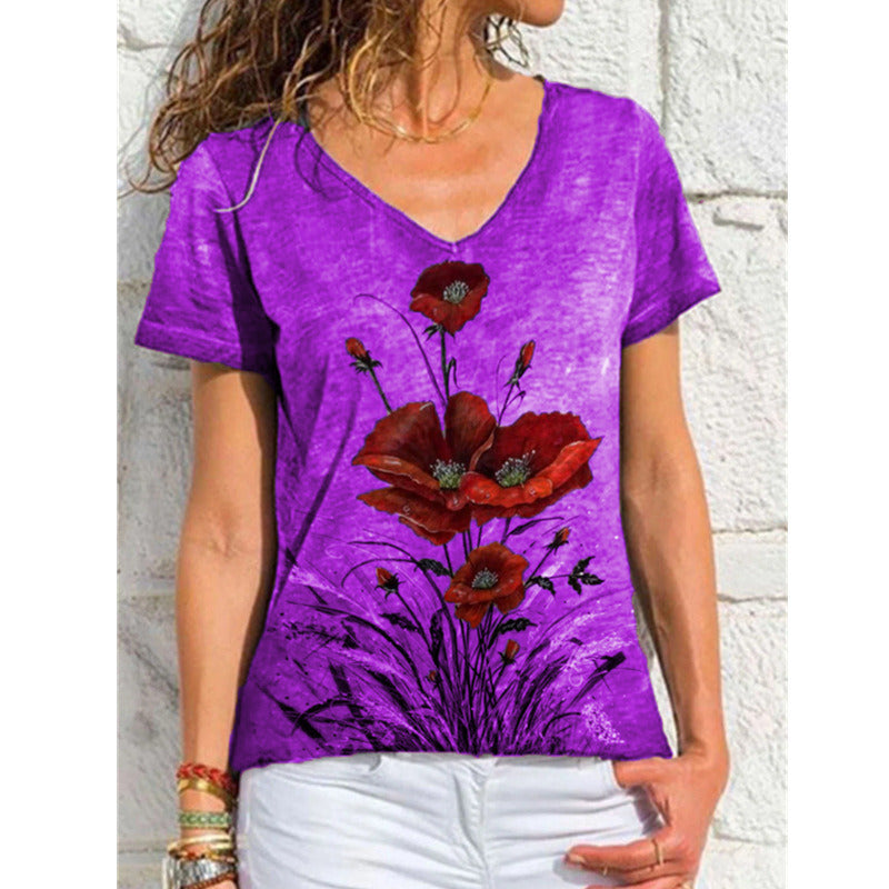 Women's New T-shirt V-neck Printed Short Sleeve Casual Top