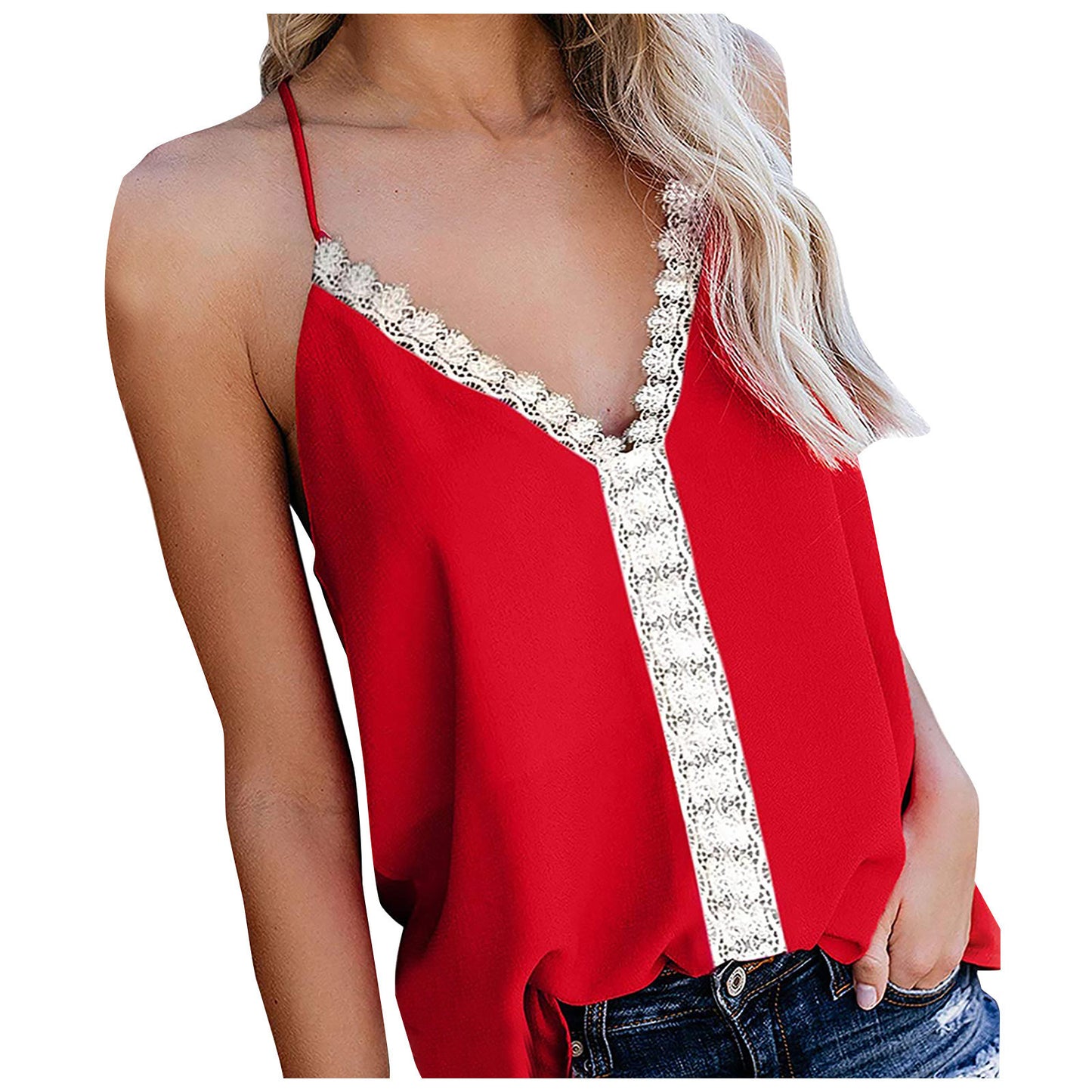 Summer I-shaped Vest Women New Hit Color V-neck Lace Sleeveless Suspender T-shirt Top