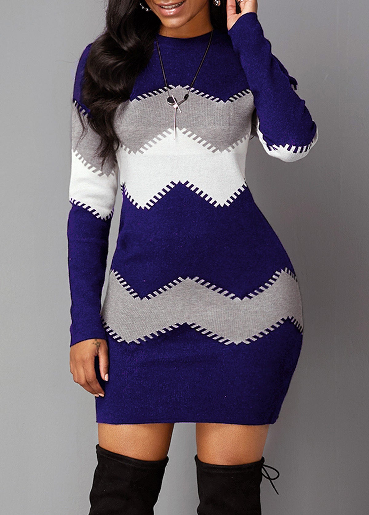 Women's Mid-length Short Skirt Round Neck Long-sleeved Knitted Bag Hip Bottoming Dress