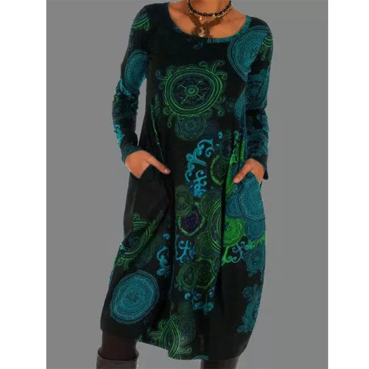 2021 Autumn Hedging Print Ethnic Dress Women New Fashion Splice O-Neck Long Sleeve Pockets Mid Dresses Female