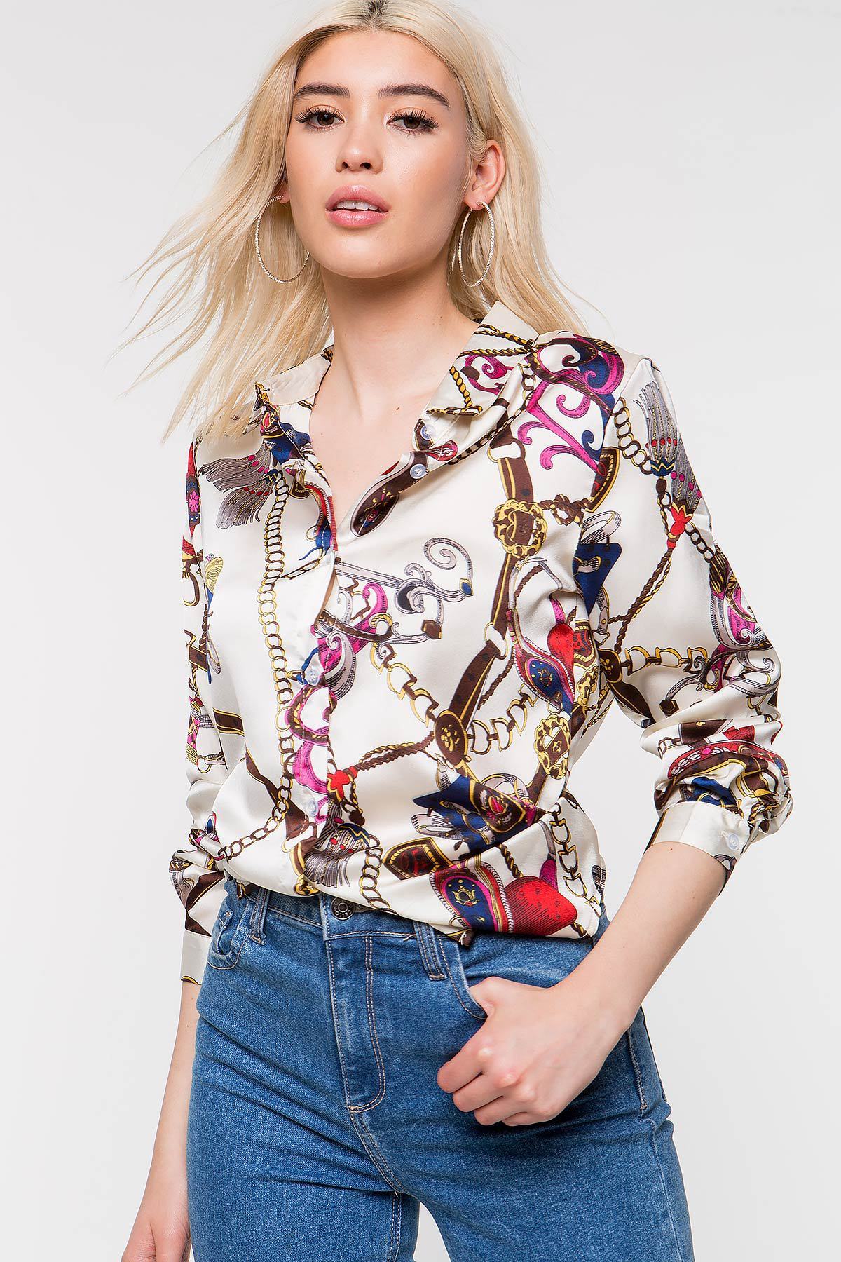 Europe and the new women's lapel lock chain printed long-sleeved shirt