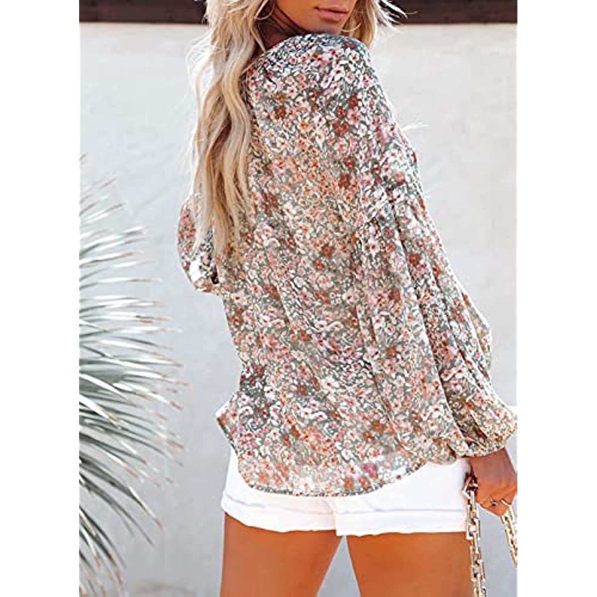 Women's Casual Boho Floral Print V Neck Long Sleeve Loose Blouses Shirts Tops