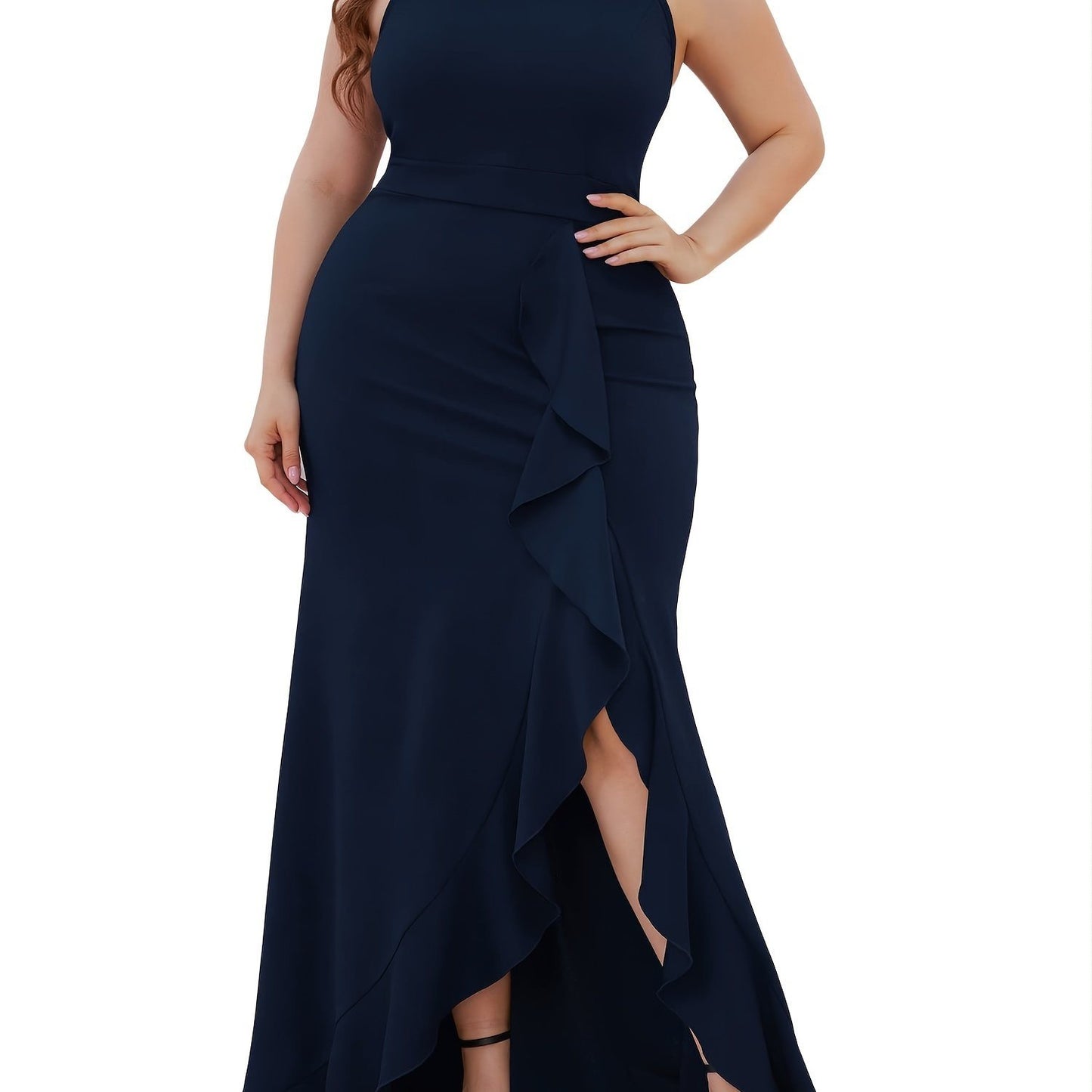 Plus Size Solid Ruffle Trim Split Hem Halter Neck Dress; Women's Plus Party; Events Elegant Maxi Prom Dress