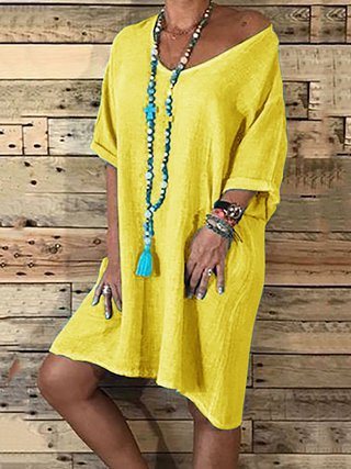 Summer Street Hipster Casual Loose Dress Solid Color Round Neck Dress