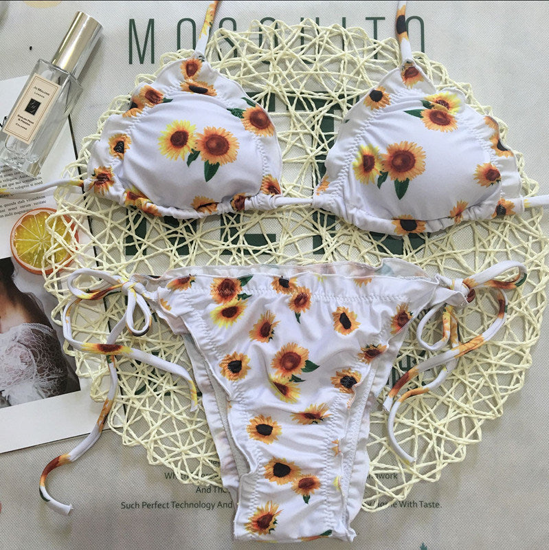 Sunflower Print Bikini New Swimwear Women's Fluffy Swimwear Strap Bikini