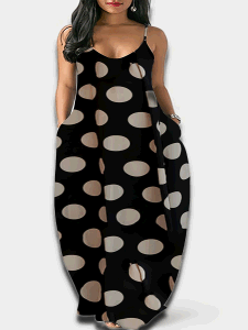 Plus Size Casual Dress; Women's Plus Dot Print V Neck Cami Maxi Dress With Pockets