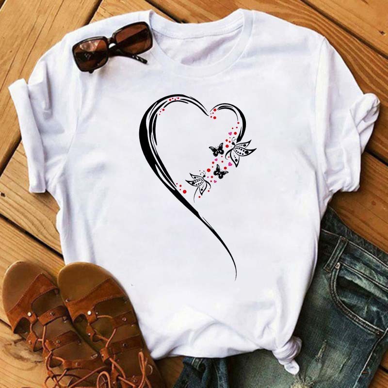 Watercolor Butterfly Heart Printed T Shirt New Women T--Shirt Harajuku Cute Graphic Tee Shirt Ladies Casual Female Tops Tee