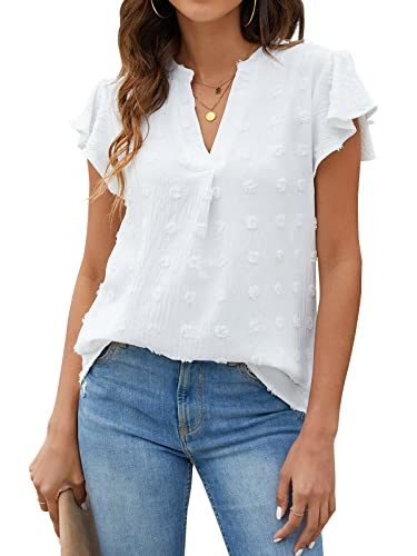 Womens White Blouse V Neck Ruffle Sleeve Flowy Shirts Dressy Casual Cute Summer Tops