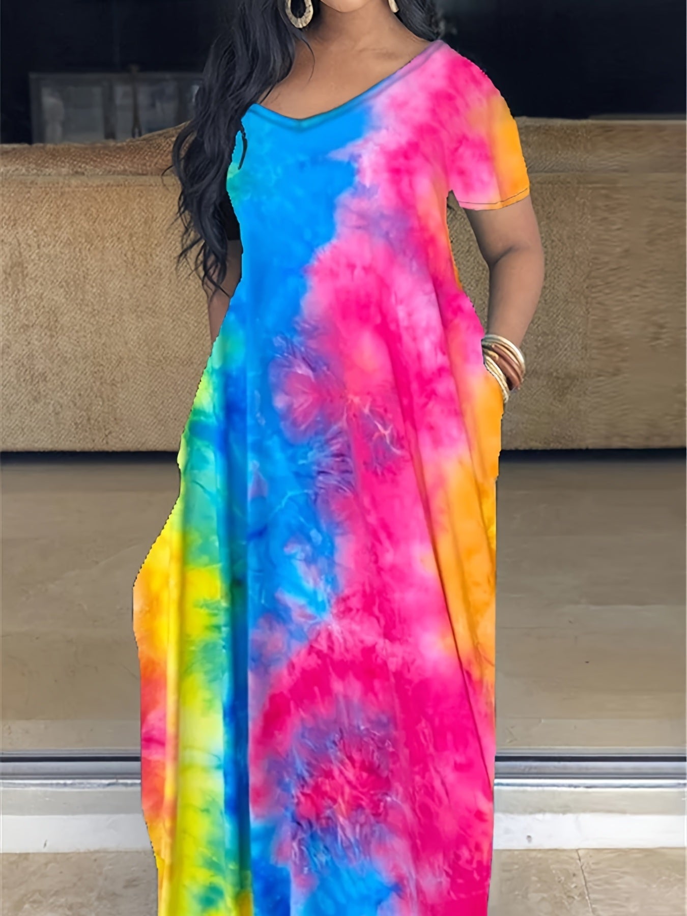 Plus Size Maxi Dress With Pocket; Women's Plus Tie Dye Print Short Sleeve Elegant Medium Stretch Long Dress