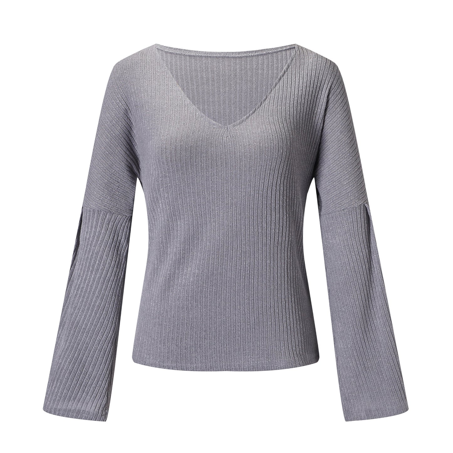 Fashion trend solid color sexy v-neck wool crater loose trumpet sleeves long-sleeved sweater top