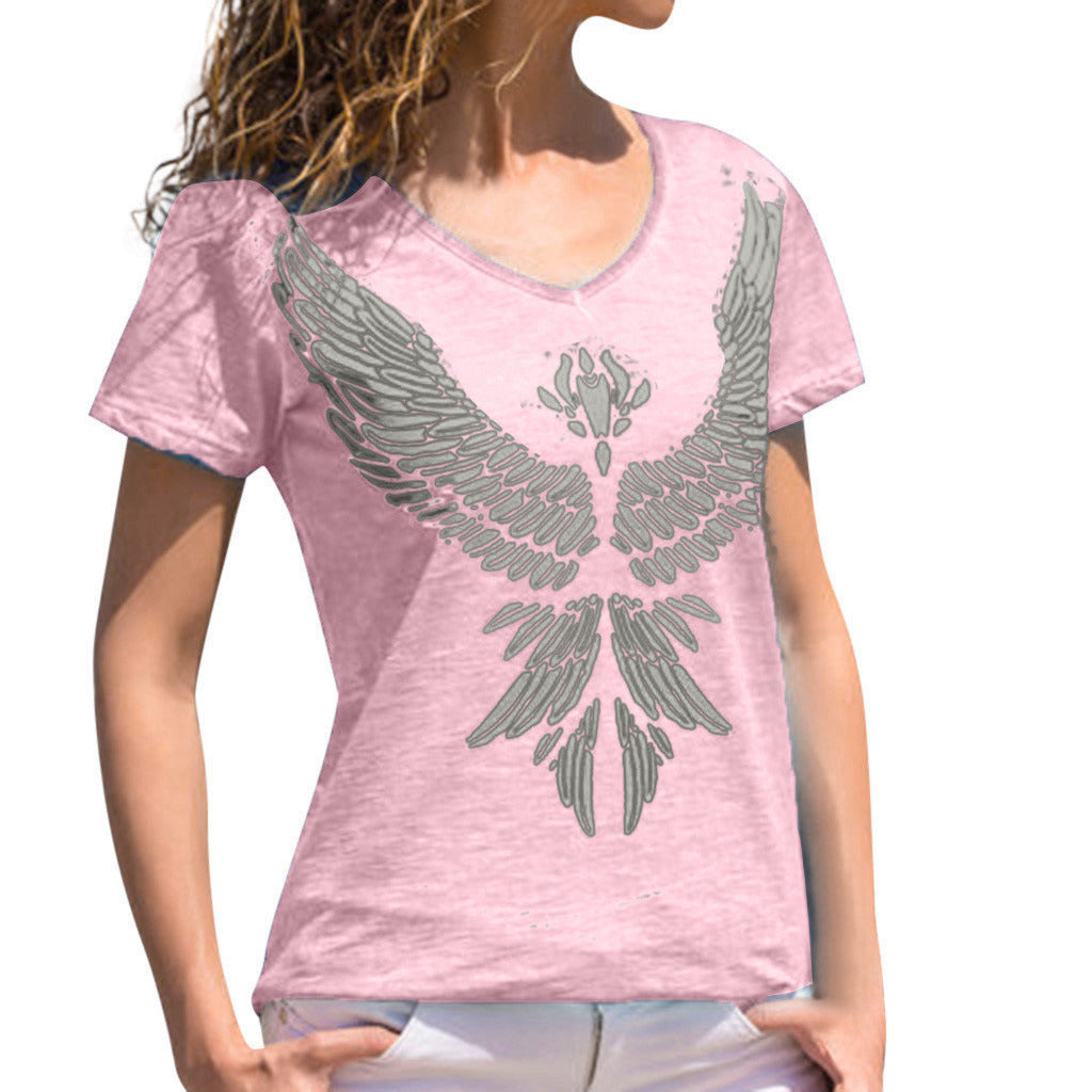 European and American new women's feather print round neck short-sleeved T-shirt