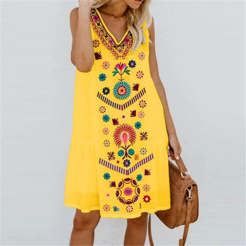 summer new women's V-neck print vest sleeveless loose dress